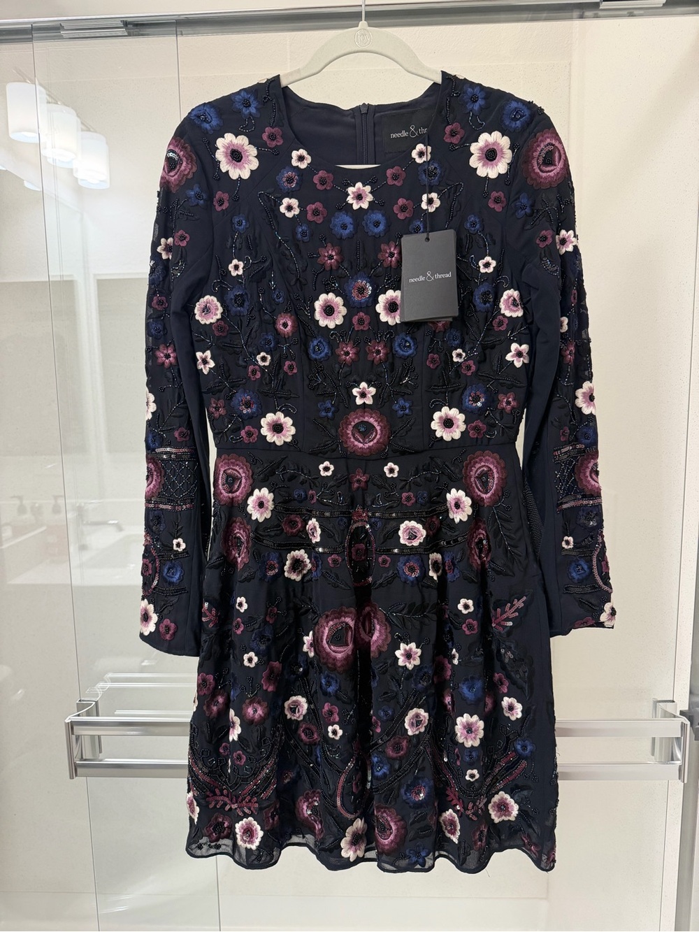 Needle & Thread Navy Floral Embroidered Long Sleeve Mini Dress